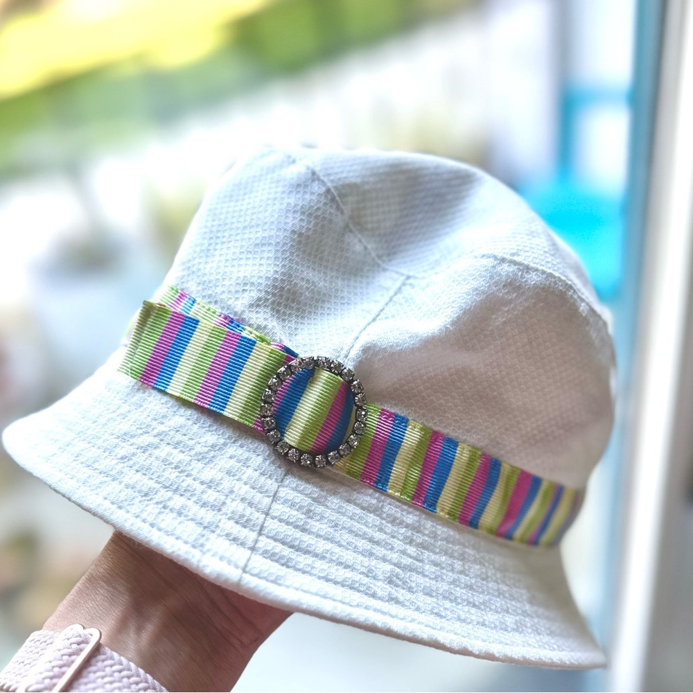 Super cute bucket hat - colorful ribbon, rhinestone like buckle, summer, Spring,